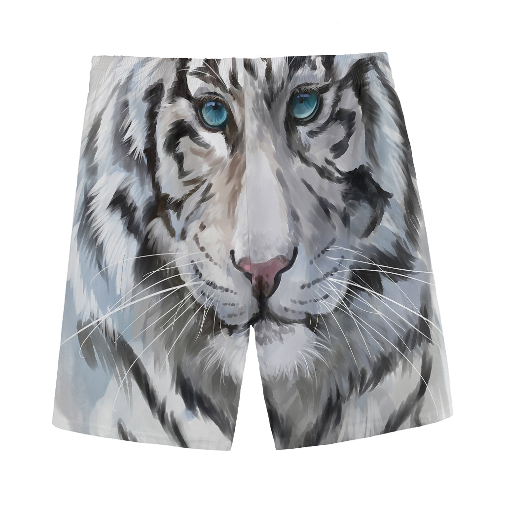 Watercolor White Bengal Tiger Print Men's Sports Shorts