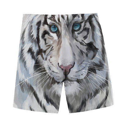 Watercolor White Bengal Tiger Print Men's Sports Shorts