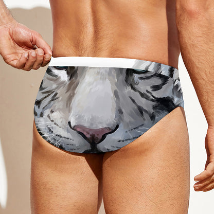 Watercolor White Bengal Tiger Print Men's Swim Briefs