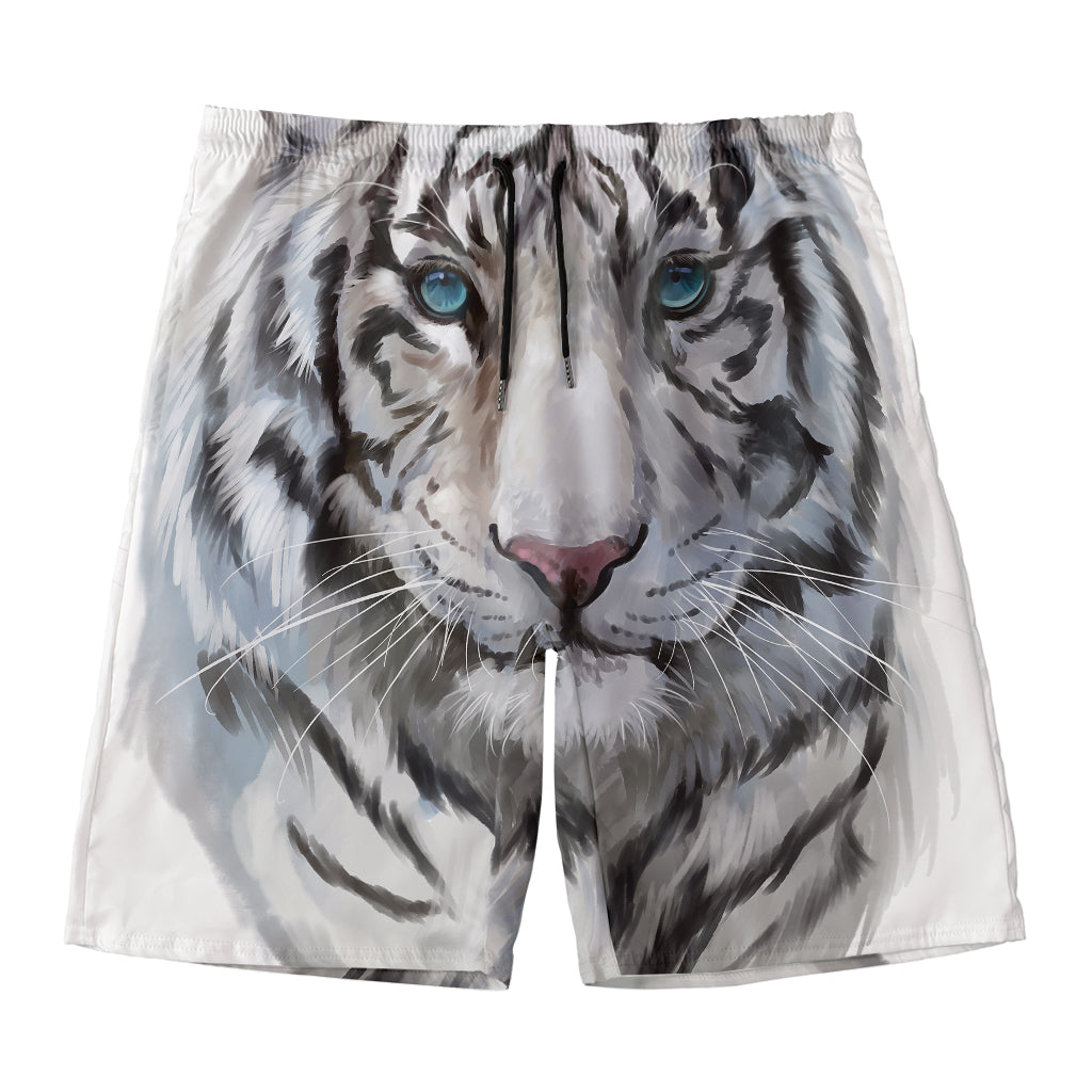 Watercolor White Bengal Tiger Print Men's Swim Trunks