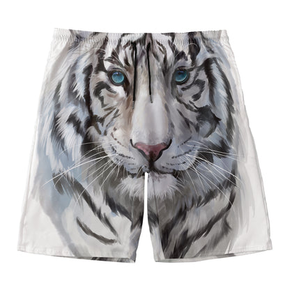 Watercolor White Bengal Tiger Print Men's Swim Trunks