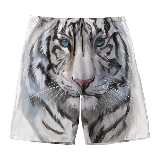 Watercolor White Bengal Tiger Print Men's Swim Trunks