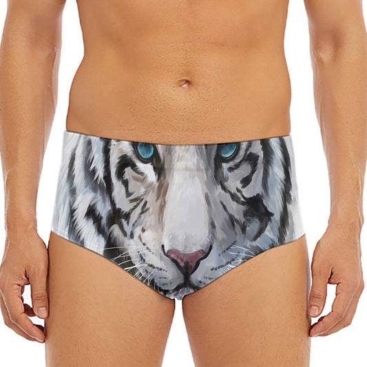 Watercolor White Bengal Tiger Print Men's Triangle Swim Briefs