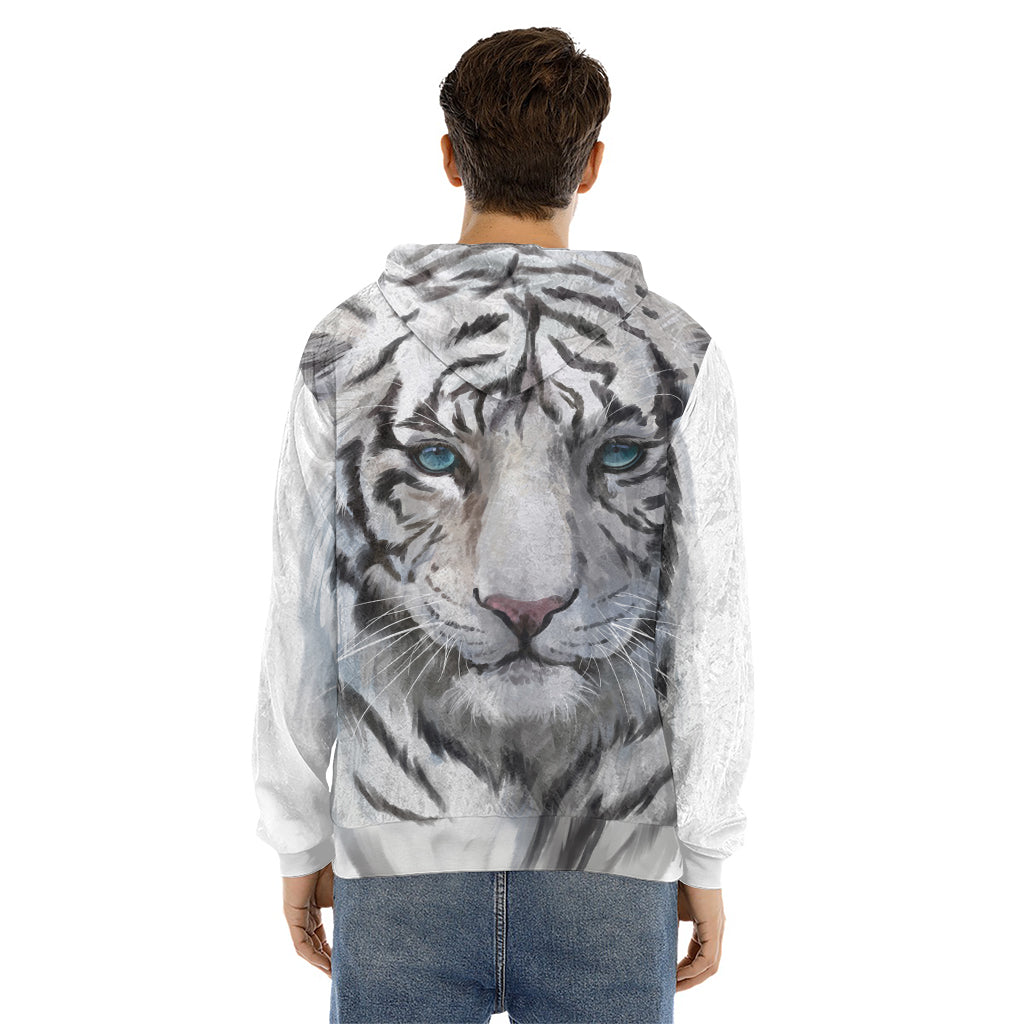 Watercolor White Bengal Tiger Print Men's Velvet Pullover Hoodie