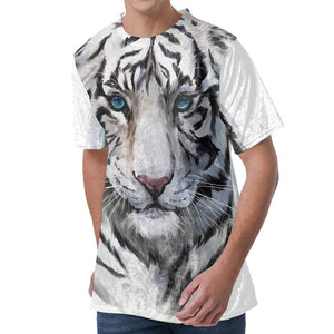 Watercolor White Bengal Tiger Print Men's Velvet T-Shirt