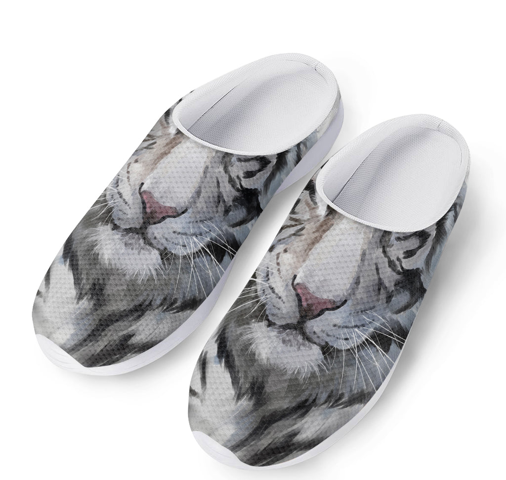 Watercolor White Bengal Tiger Print Mesh Casual Shoes