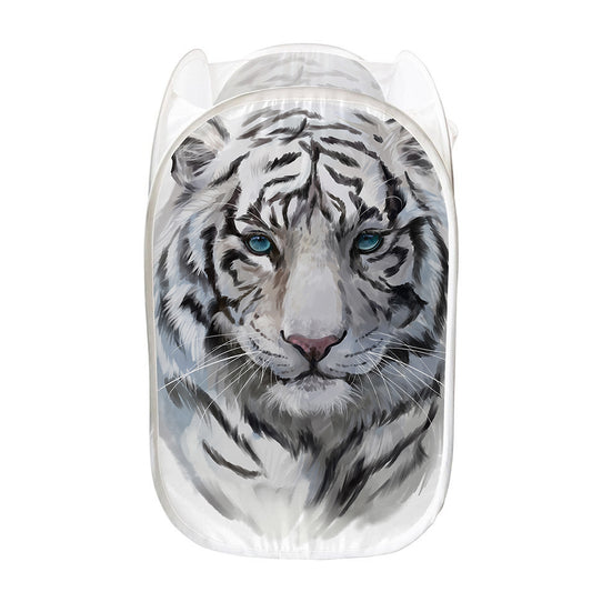 Watercolor White Bengal Tiger Print Mesh Laundry Hamper