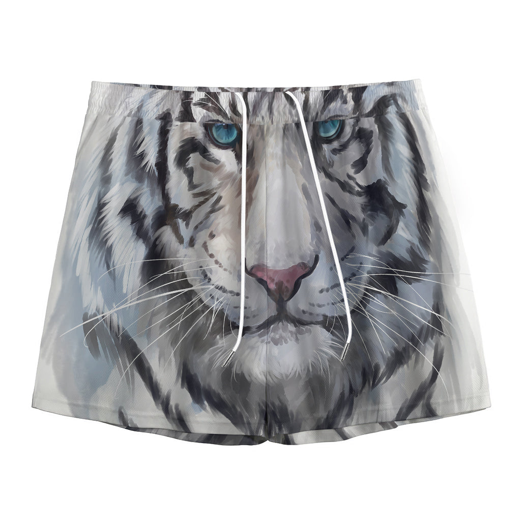 Watercolor White Bengal Tiger Print Mesh Shorts