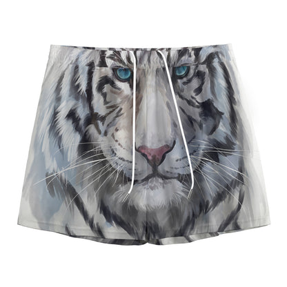 Watercolor White Bengal Tiger Print Mesh Shorts