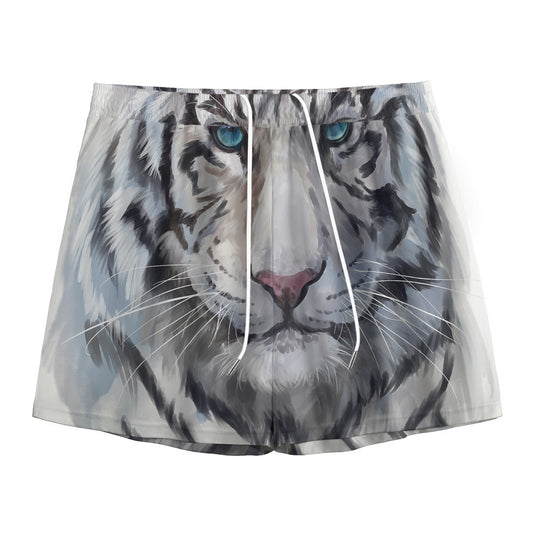 Watercolor White Bengal Tiger Print Mesh Shorts