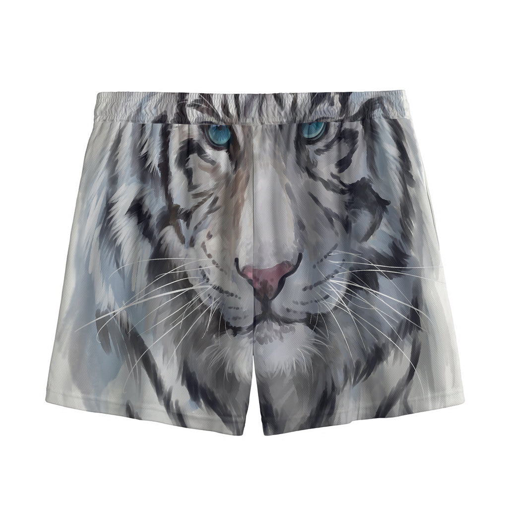 Watercolor White Bengal Tiger Print Mesh Shorts