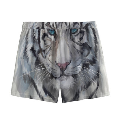 Watercolor White Bengal Tiger Print Mesh Shorts