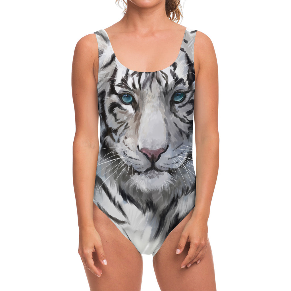 Watercolor White Bengal Tiger Print One Piece Swimsuit