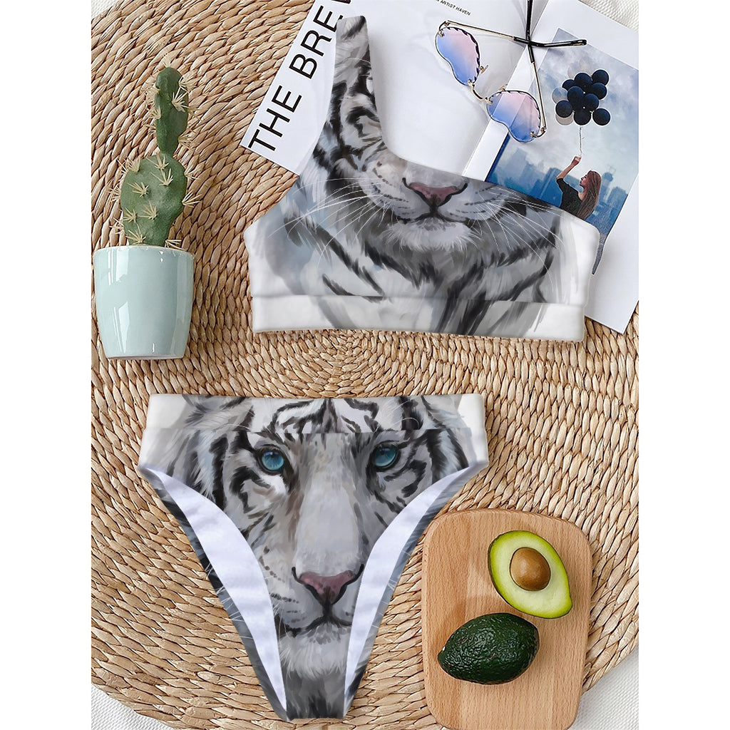 Watercolor White Bengal Tiger Print One Shoulder Bikini Top