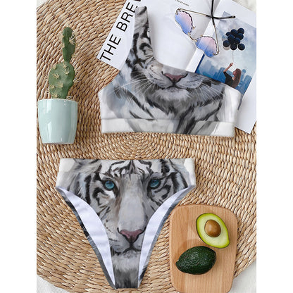 Watercolor White Bengal Tiger Print One Shoulder Bikini Top