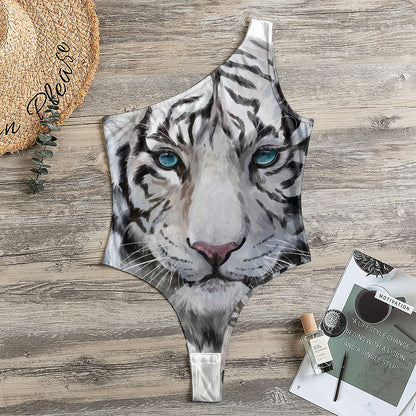 Watercolor White Bengal Tiger Print One Shoulder Bodysuit