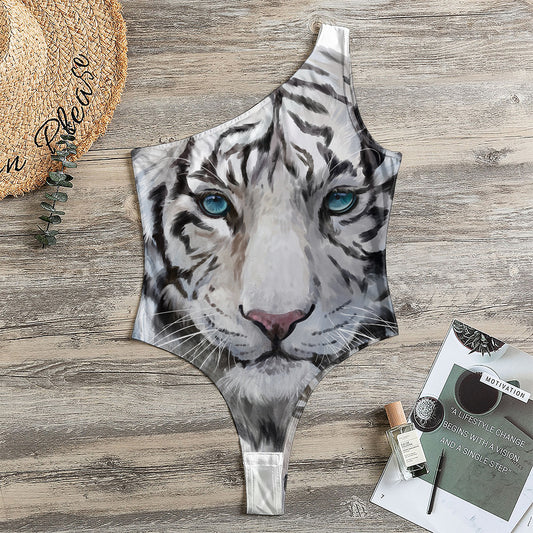 Watercolor White Bengal Tiger Print One Shoulder Bodysuit