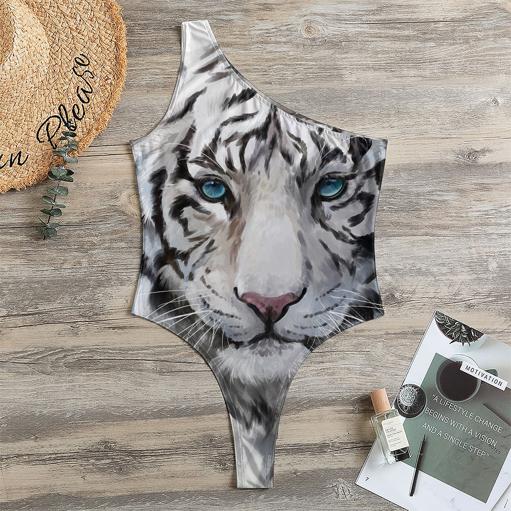 Watercolor White Bengal Tiger Print One Shoulder Bodysuit