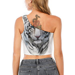 Watercolor White Bengal Tiger Print One Shoulder Crop Top