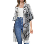 Watercolor White Bengal Tiger Print Open Front Beach Cover Up