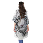 Watercolor White Bengal Tiger Print Open Front Beach Cover Up