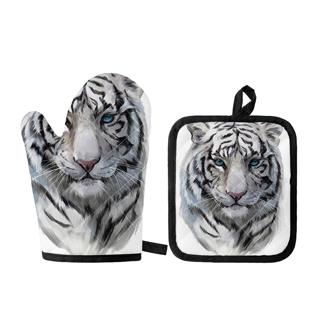 Watercolor White Bengal Tiger Print Oven Mitt And Pot Holder Set
