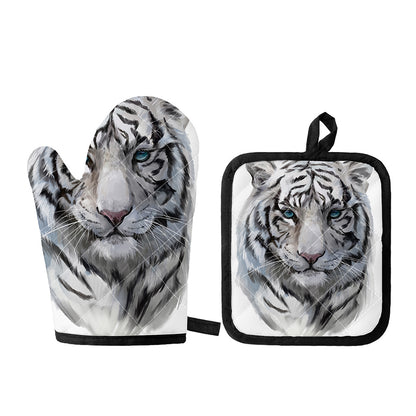 Watercolor White Bengal Tiger Print Oven Mitt And Pot Holder Set