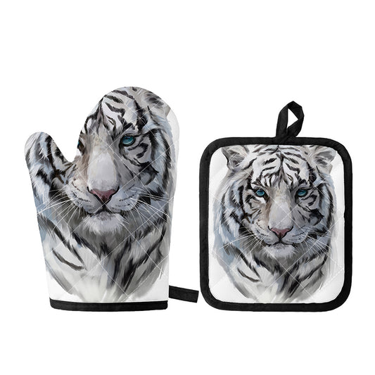 Watercolor White Bengal Tiger Print Oven Mitt And Pot Holder Set