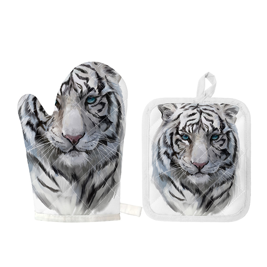 Watercolor White Bengal Tiger Print Oven Mitt And Pot Holder Set