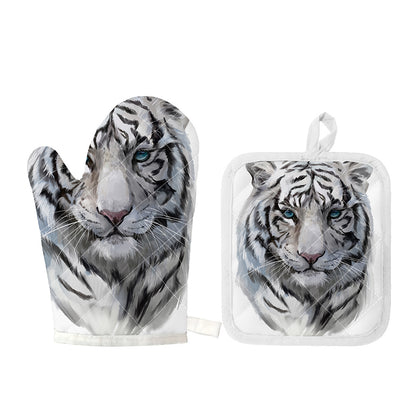 Watercolor White Bengal Tiger Print Oven Mitt And Pot Holder Set