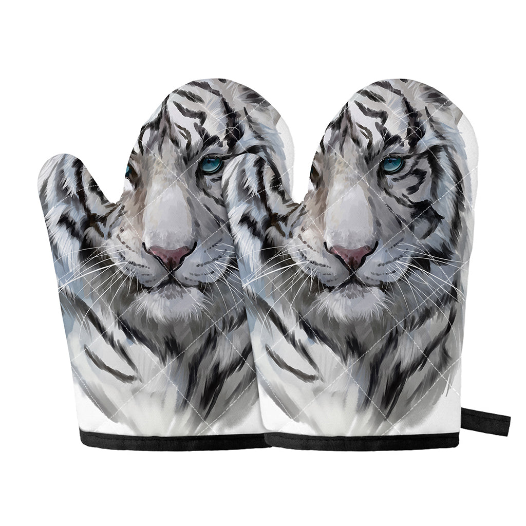 Watercolor White Bengal Tiger Print Oven Mitts