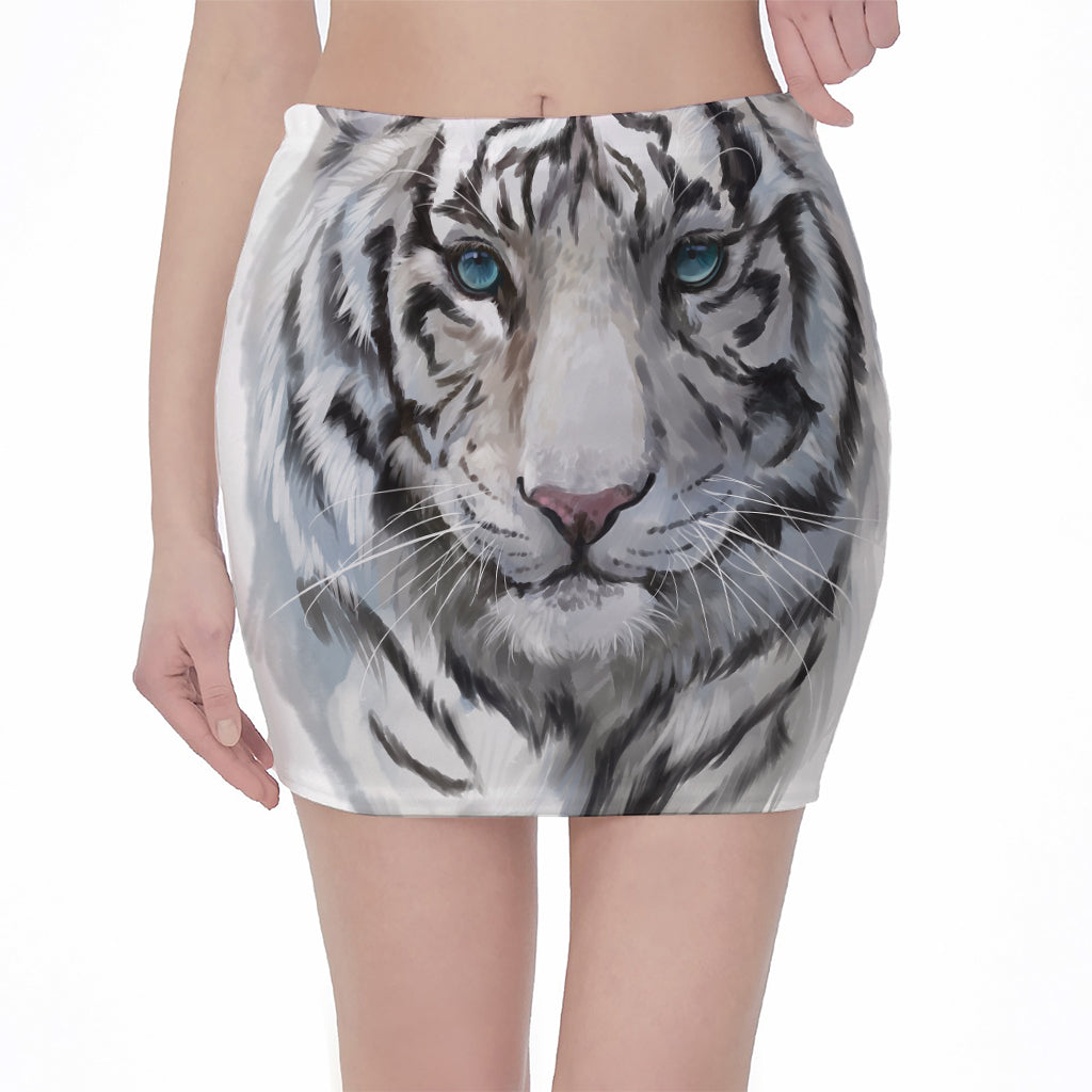 Watercolor White Bengal Tiger Print Pencil Mini Skirt