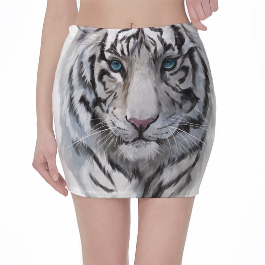 Watercolor White Bengal Tiger Print Pencil Mini Skirt