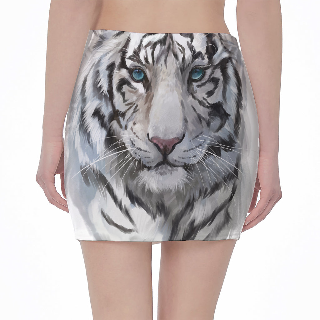 Watercolor White Bengal Tiger Print Pencil Mini Skirt