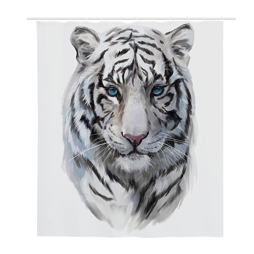 Watercolor White Bengal Tiger Print Polyester Shower Curtain