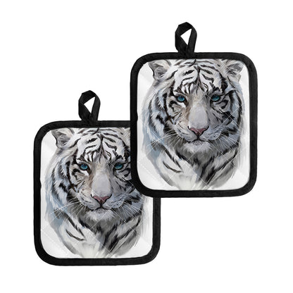 Watercolor White Bengal Tiger Print Pot Holders