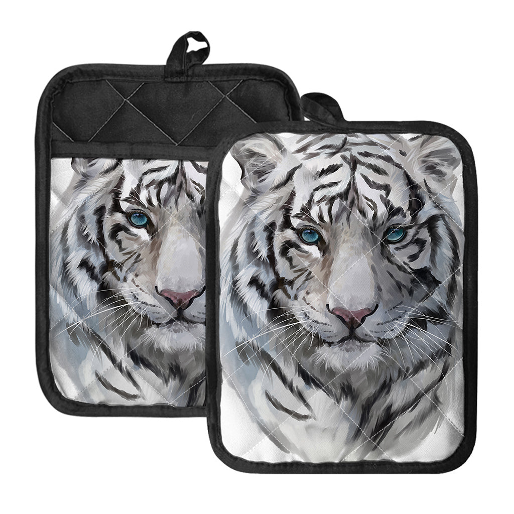 Watercolor White Bengal Tiger Print Pot Holders With Pocket