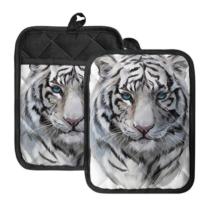 Watercolor White Bengal Tiger Print Pot Holders With Pocket