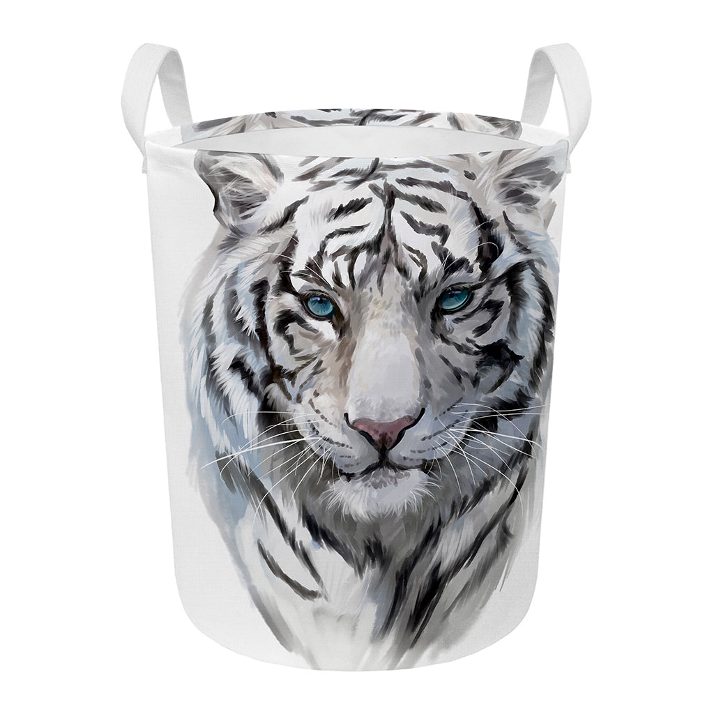 Watercolor White Bengal Tiger Print Round Laundry Basket