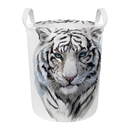 Watercolor White Bengal Tiger Print Round Laundry Basket