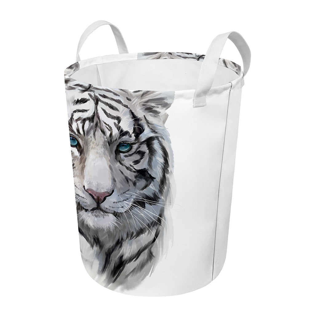 Watercolor White Bengal Tiger Print Round Laundry Basket
