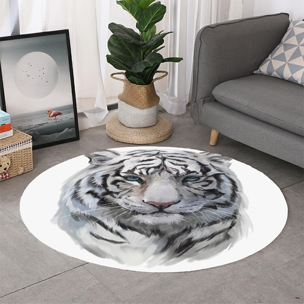 Watercolor White Bengal Tiger Print Round Rug