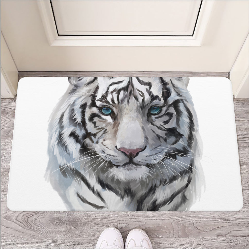 Watercolor White Bengal Tiger Print Rubber Doormat