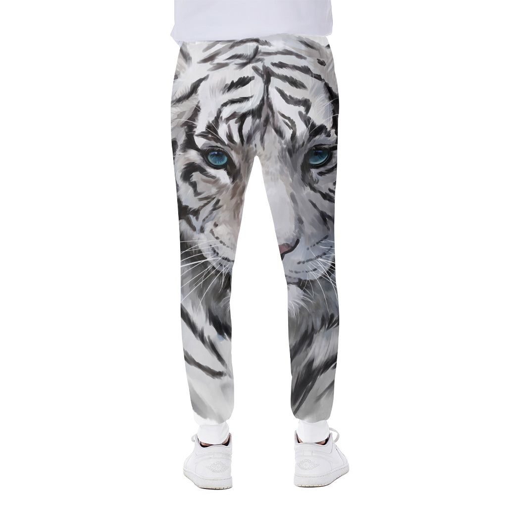 Watercolor White Bengal Tiger Print Scuba Joggers