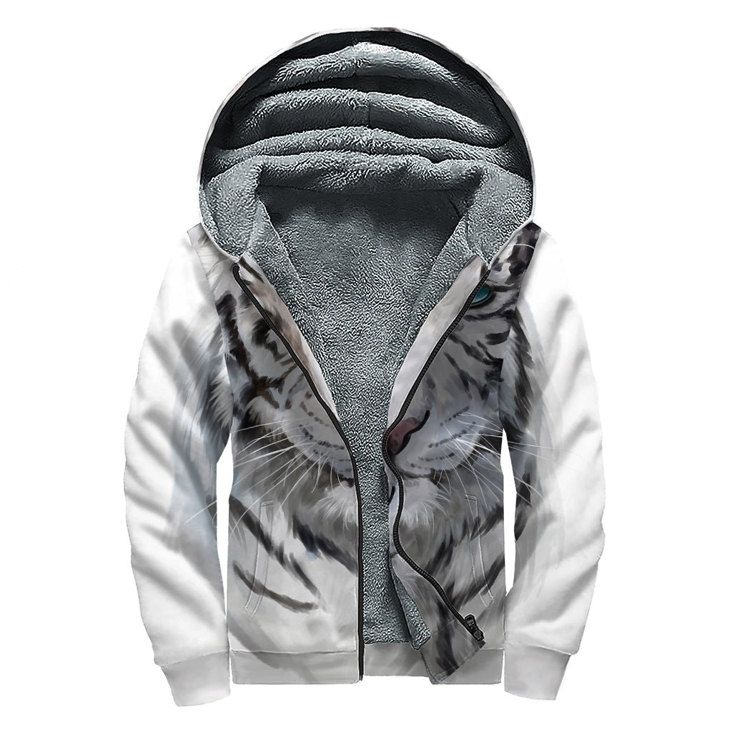 Watercolor White Bengal Tiger Print Sherpa Lined Zip Up Hoodie
