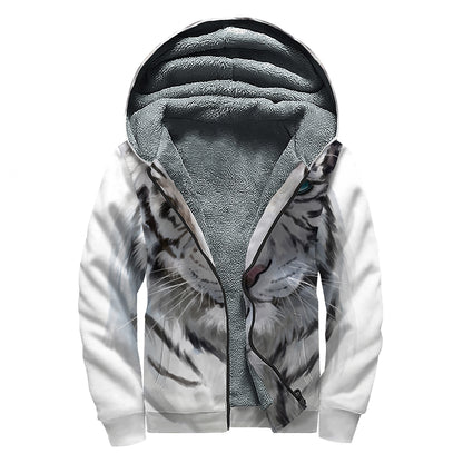Watercolor White Bengal Tiger Print Sherpa Lined Zip Up Hoodie