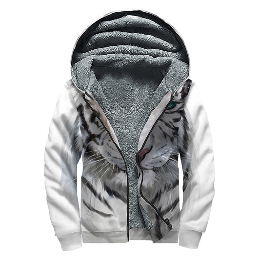 Watercolor White Bengal Tiger Print Sherpa Lined Zip Up Hoodie