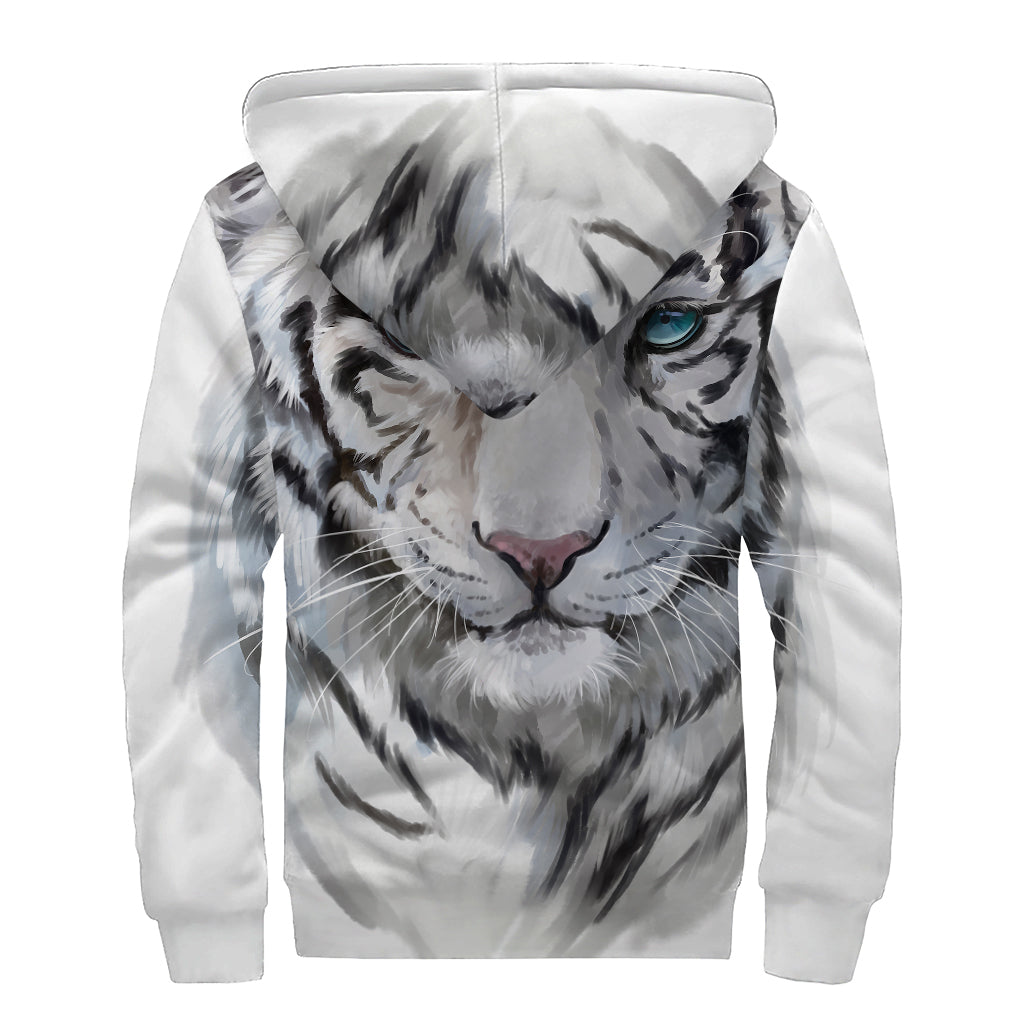 Watercolor White Bengal Tiger Print Sherpa Lined Zip Up Hoodie