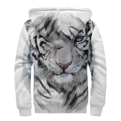 Watercolor White Bengal Tiger Print Sherpa Lined Zip Up Hoodie