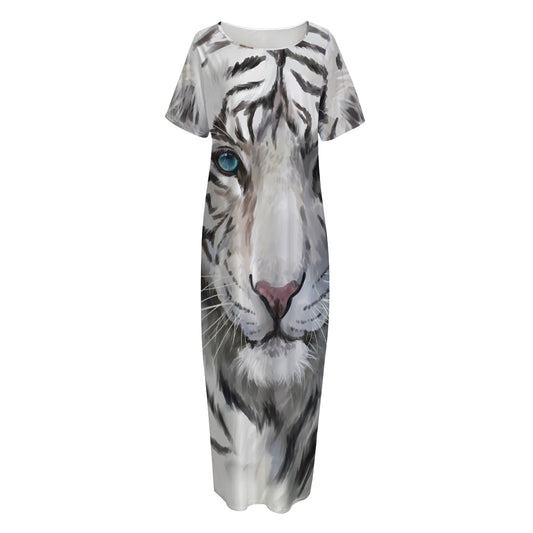 Watercolor White Bengal Tiger Print Short Sleeve Long Nightdress